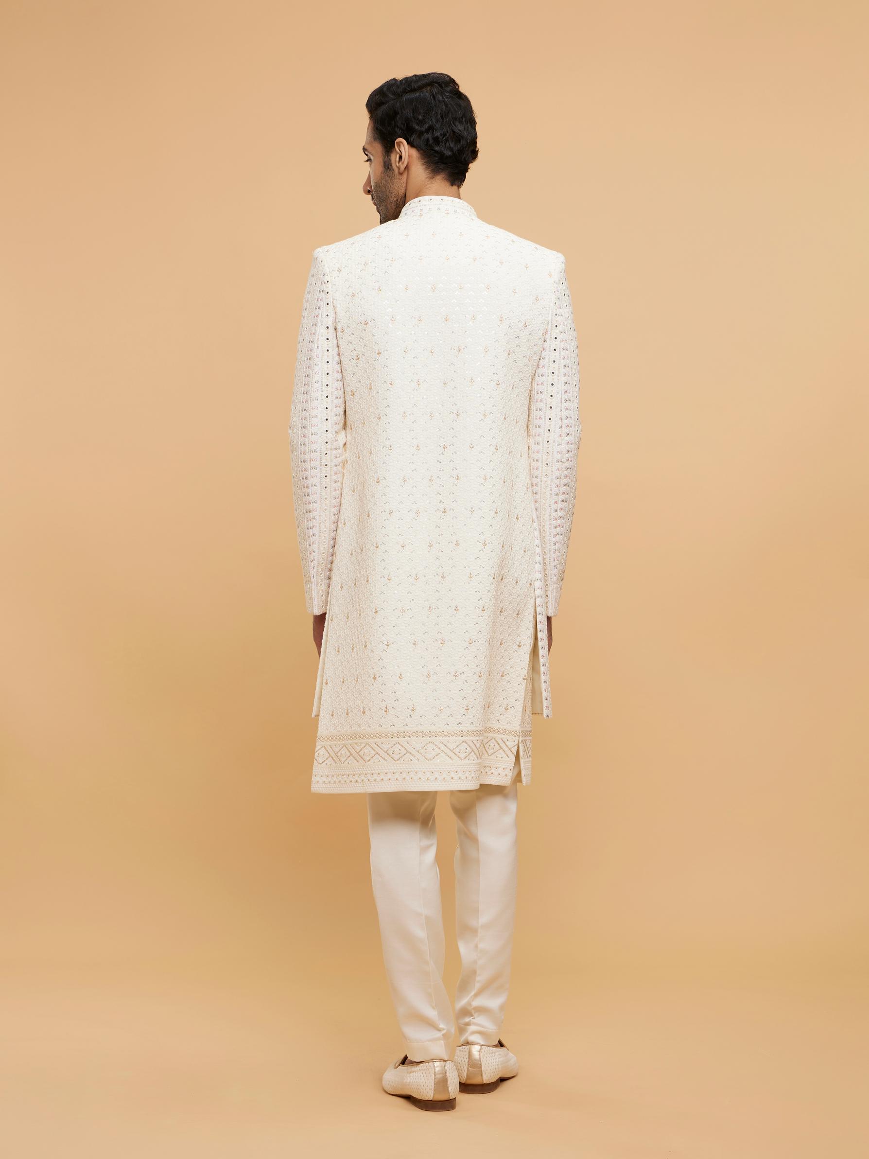 Twamev Men Cream Beige Mirror Embellished Sherwani Set