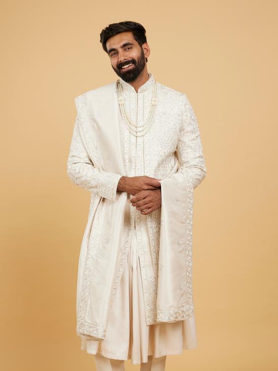 Twamev Men Pristine Beige Pista Green Sherwani