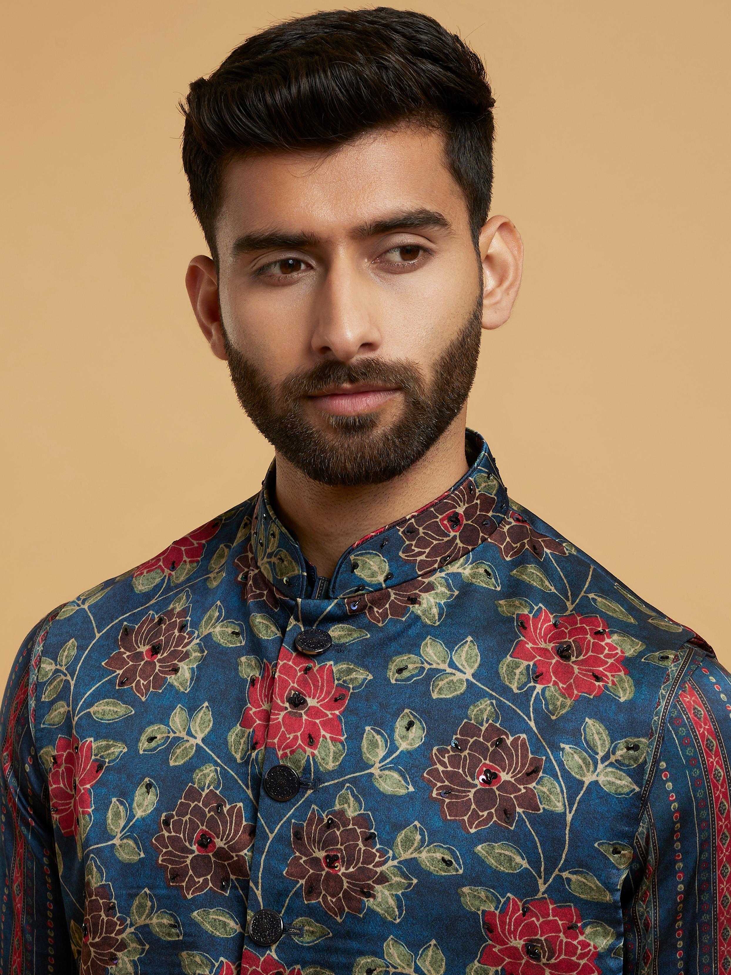 Twamev Men Teal Blue Kurta Jacket Set