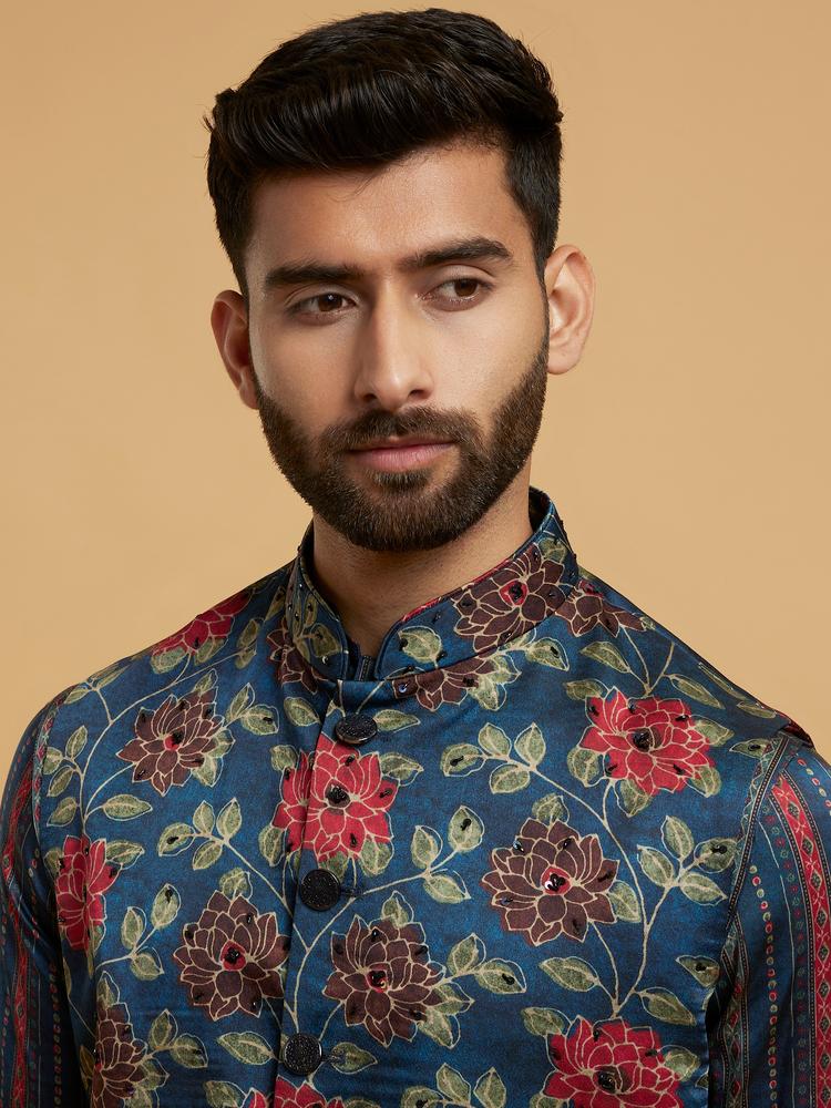 Twamev Men Teal Blue Kurta Jacket Set