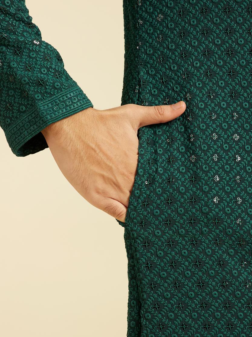 Diwas Men Bottle Green Chikankari Kurta with Sequin