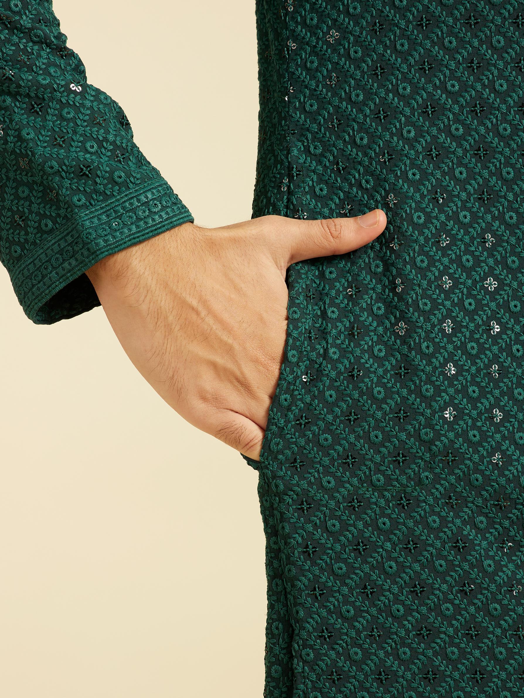 Diwas Men Bottle Green Chikankari Kurta with Sequin