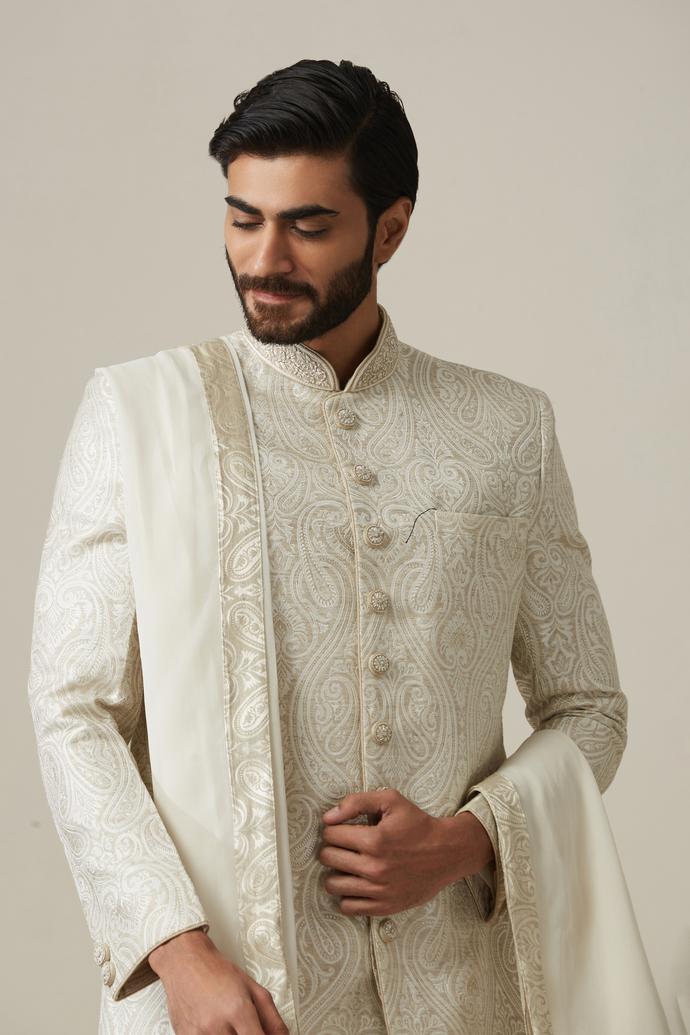 Twamev Men Classy White Patterned Sherwani Set