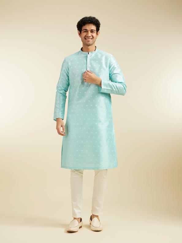 Diwas Men Aqua Green Buta Embroidered Kurta with Sequin
