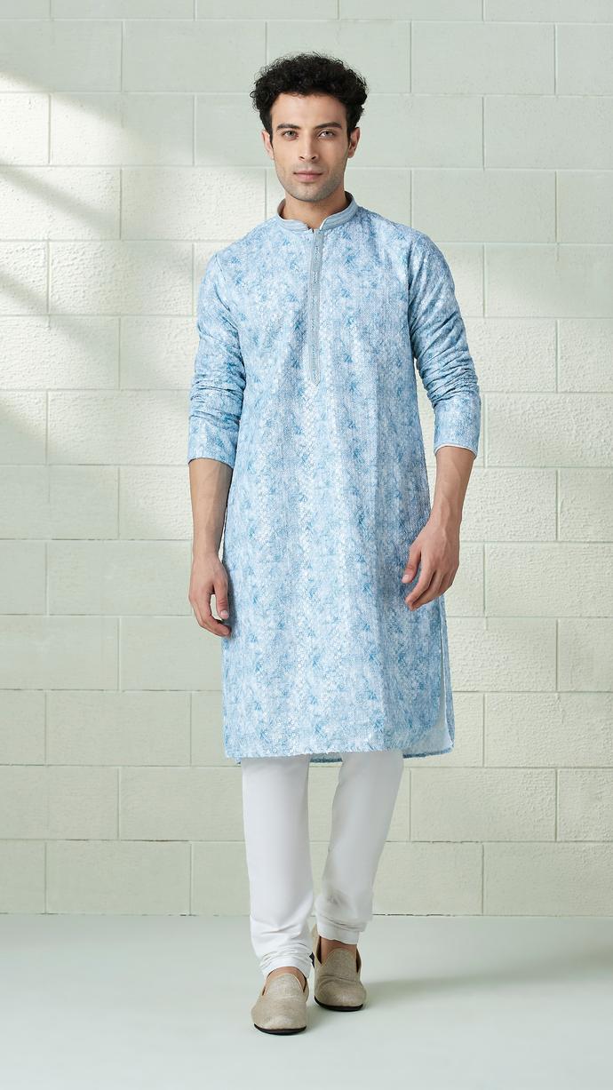 Twamev Men Sky Blue Printed Chikankari Kurta Set