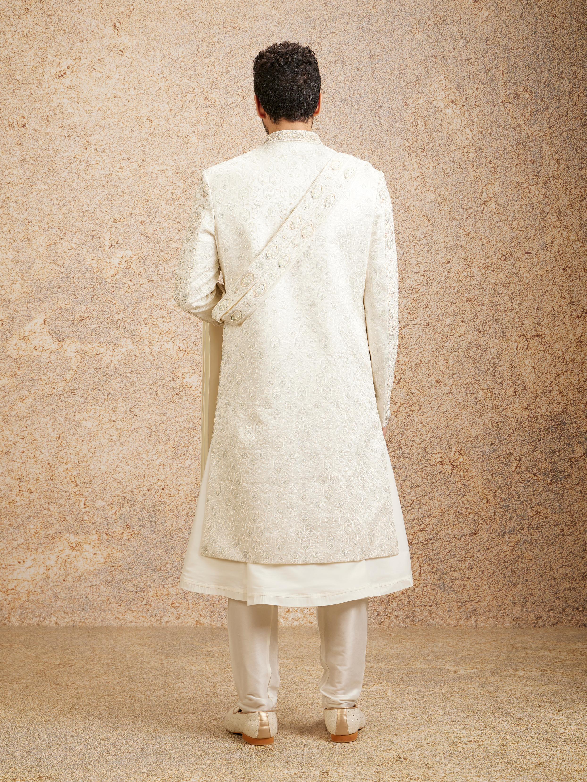 Twamev Men Regal Warm White Georgette Sherwani
