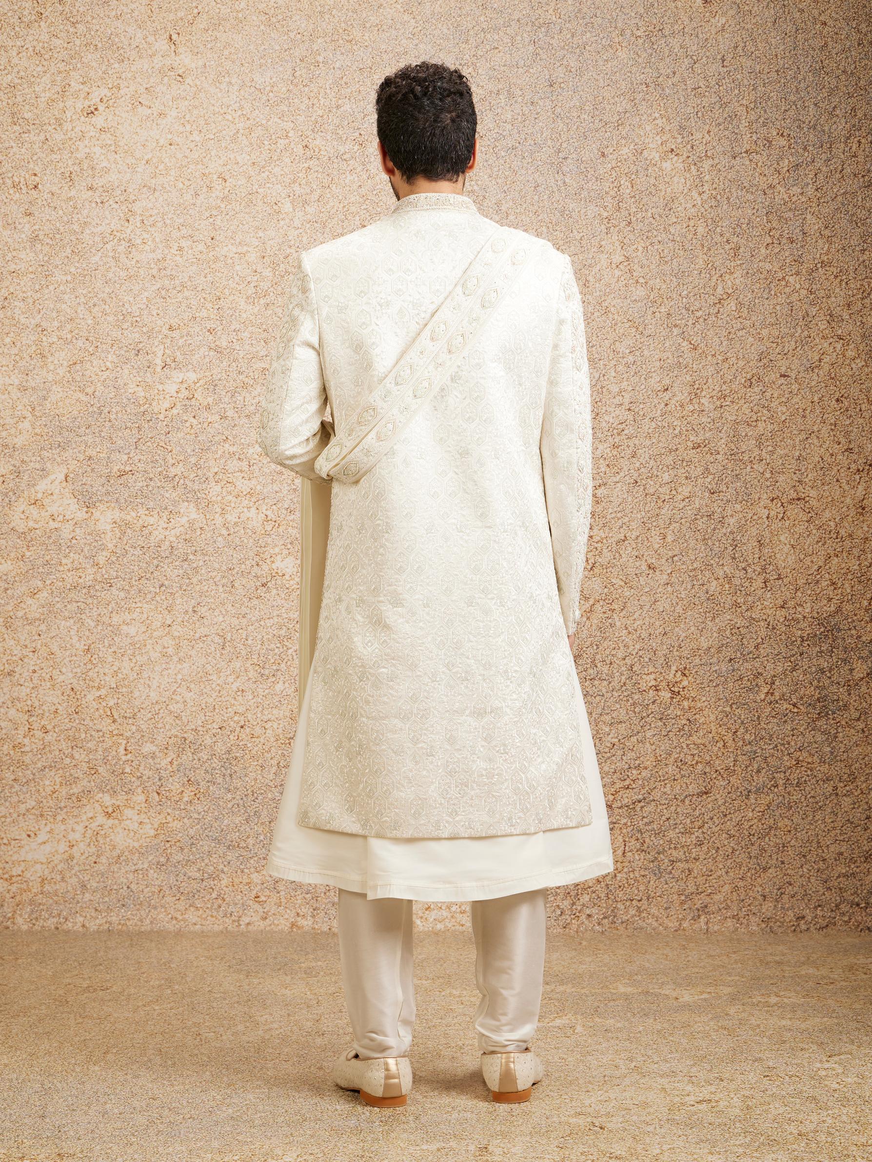 Twamev Men Regal Warm White Georgette Sherwani