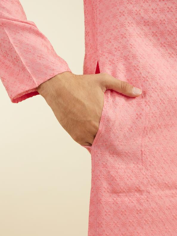 Diwas Men Coral Pink Jaal Patterned Kurta