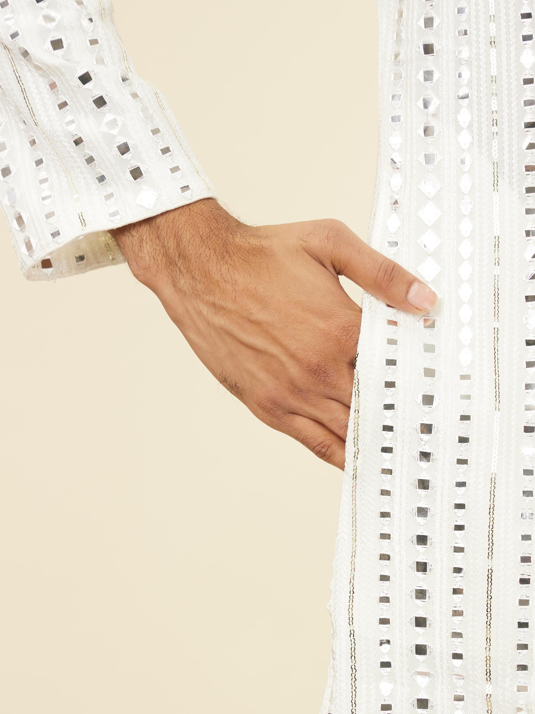 Twamev Men Warm White Kurta Set with Mirror Work
