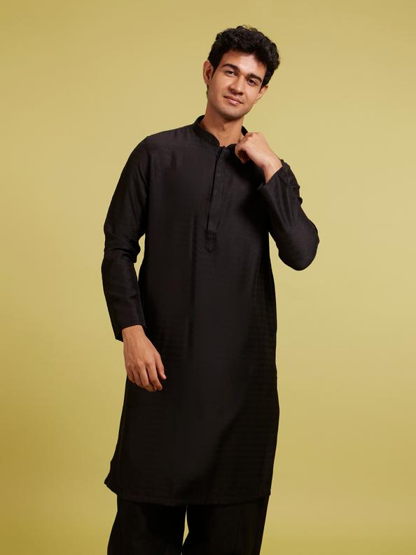 Diwas Men Midnight Black Self Patterned Kurta with Striped Collar