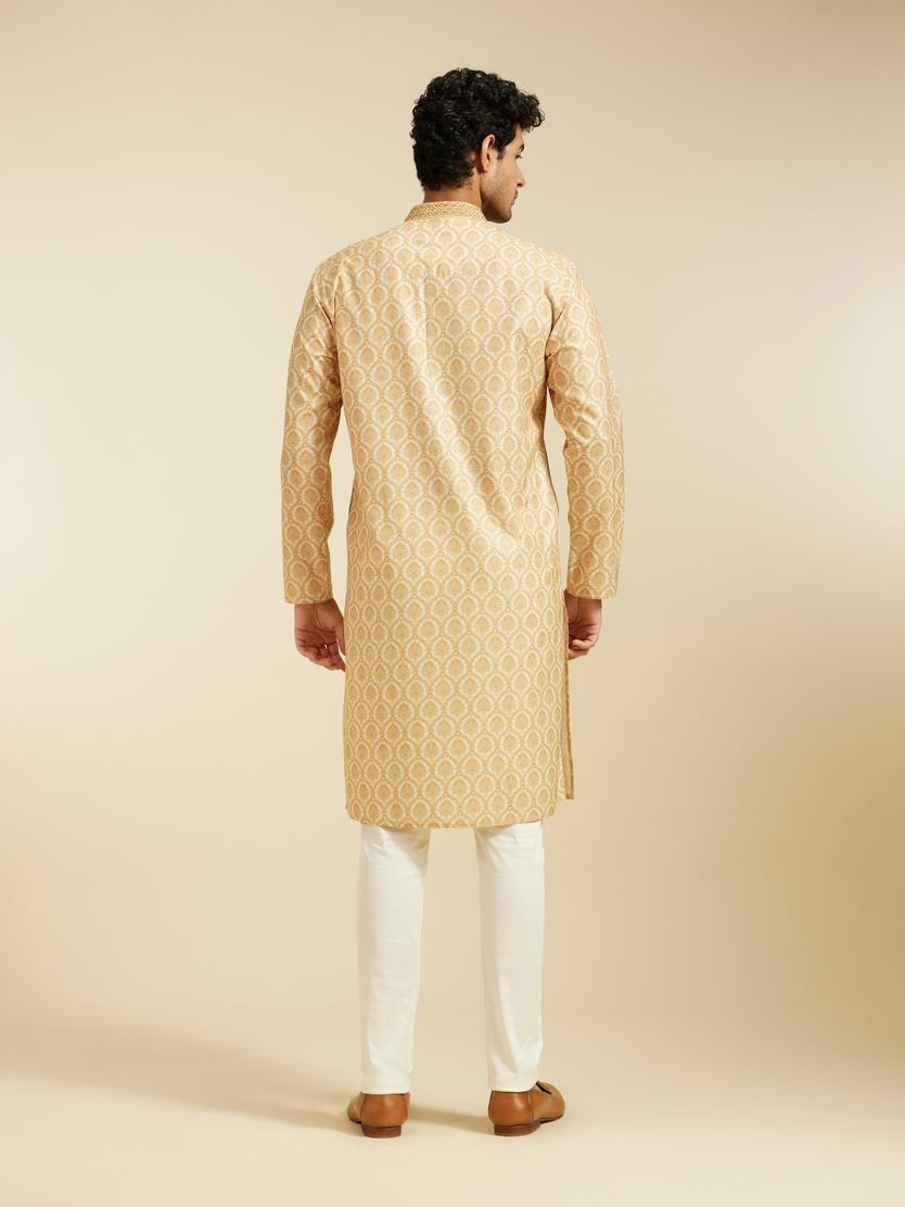 Diwas Men Sand Beige Medallion Printed Kurta with Embroidered Neckline