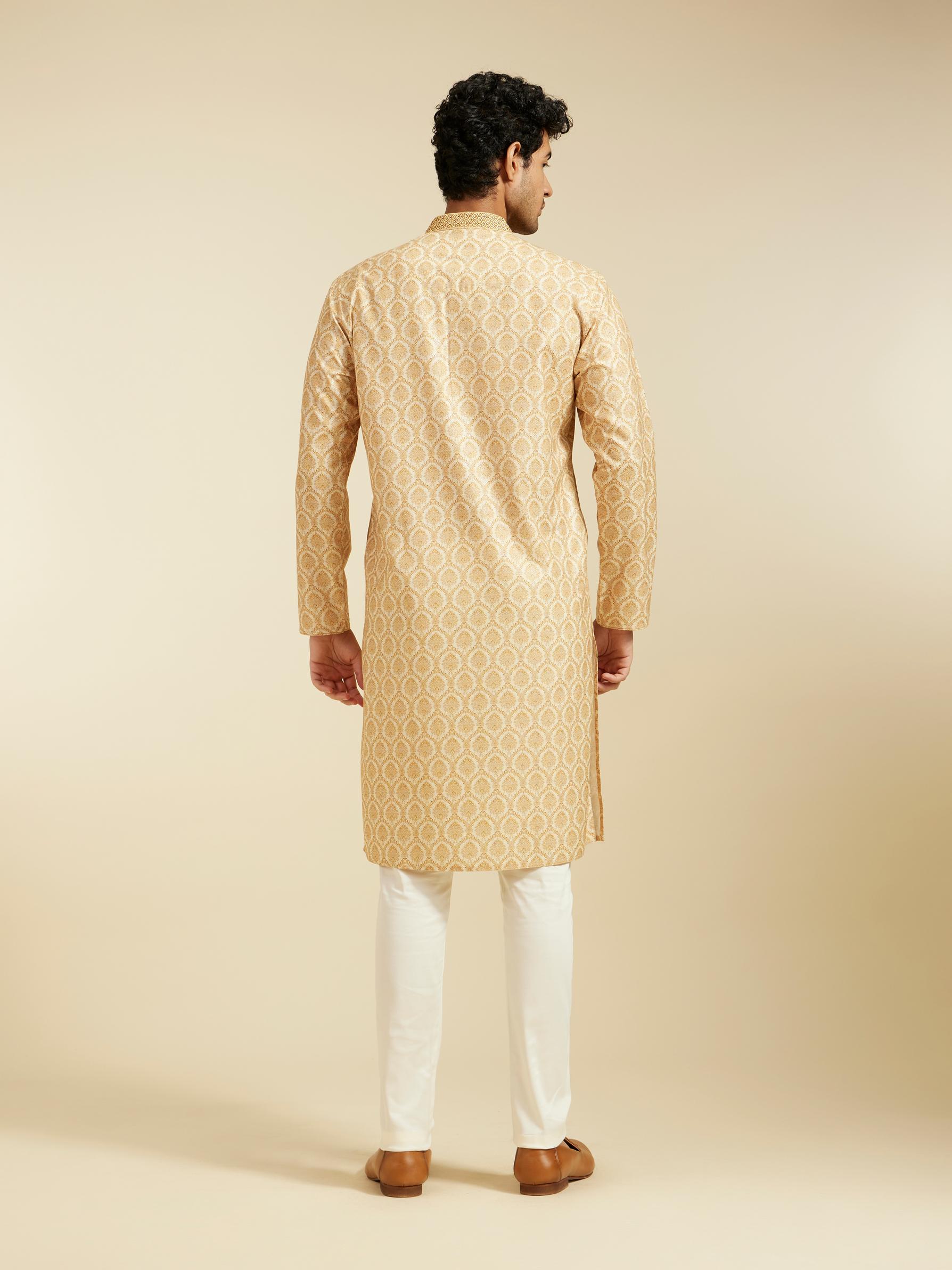 Diwas Men Sand Beige Medallion Printed Kurta with Embroidered Neckline