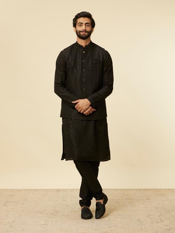 Twamev Men Classic Black Sequinned Kurta Jacket Set