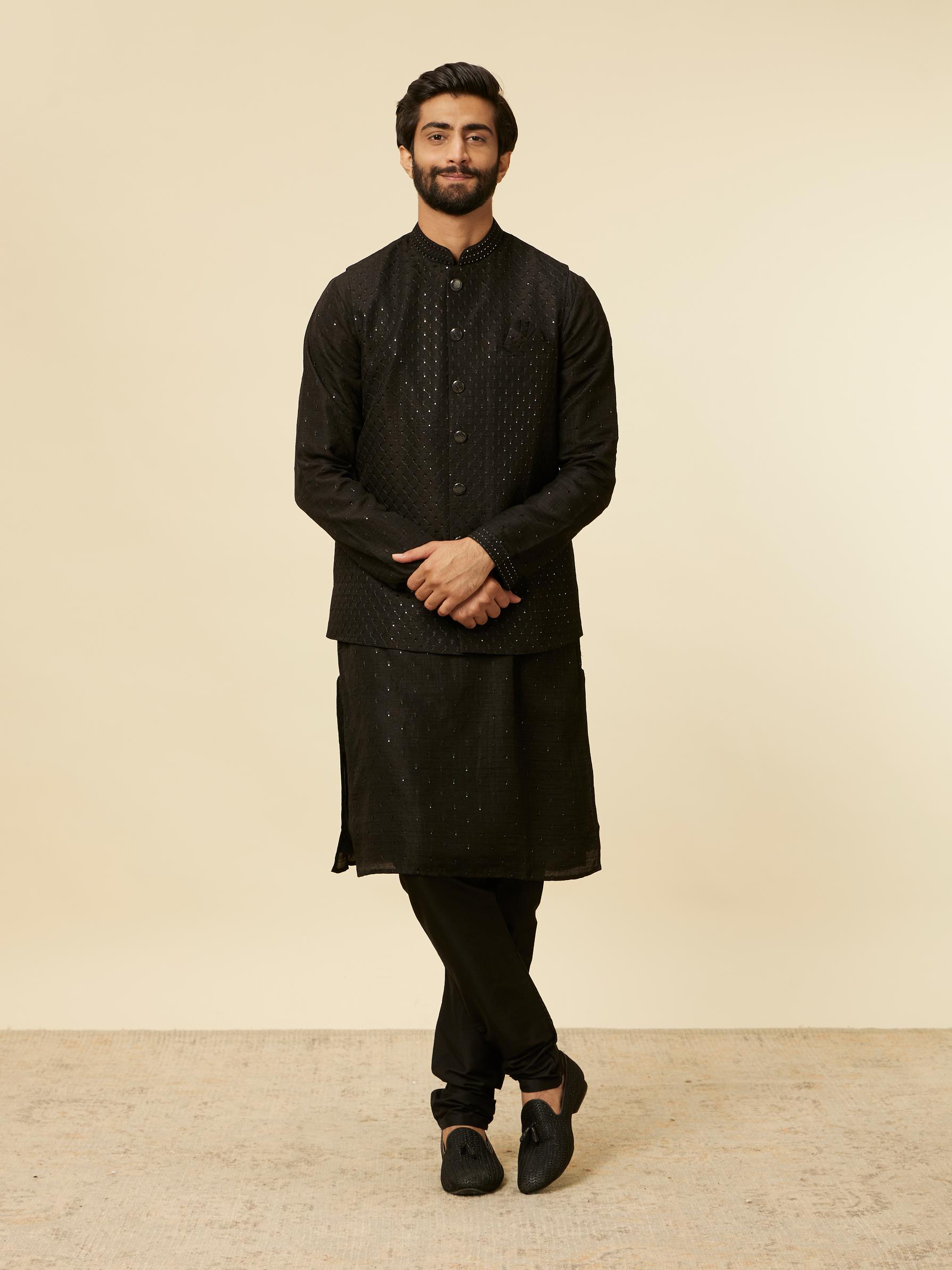 Twamev Men Classic Black Sequinned Kurta Jacket Set