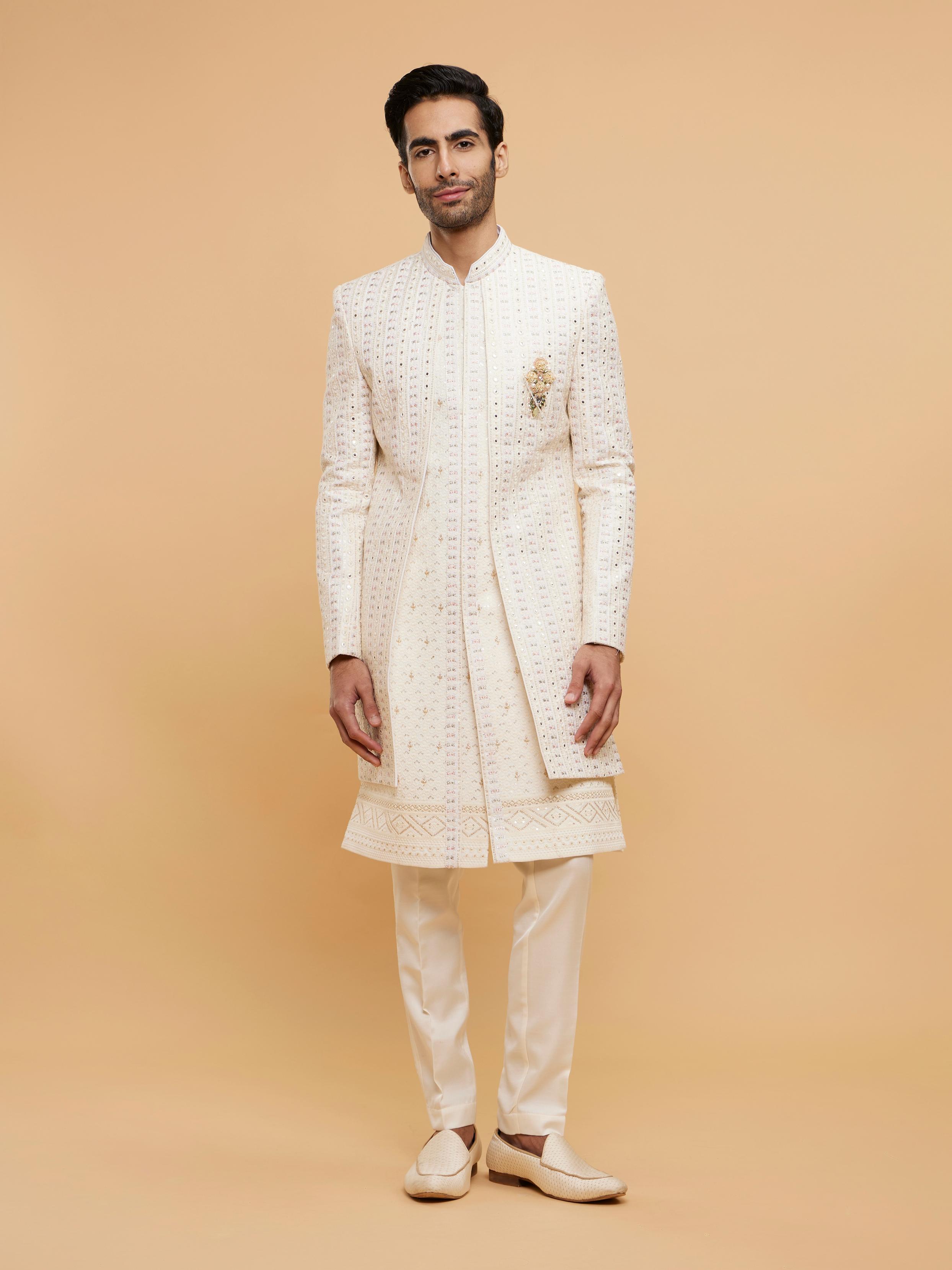 Twamev Men Cream Beige Mirror Embellished Sherwani Set