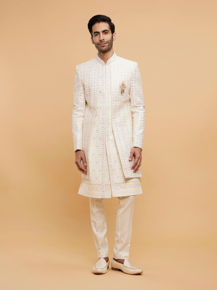 Twamev Men Cream Beige Mirror Embellished Sherwani Set