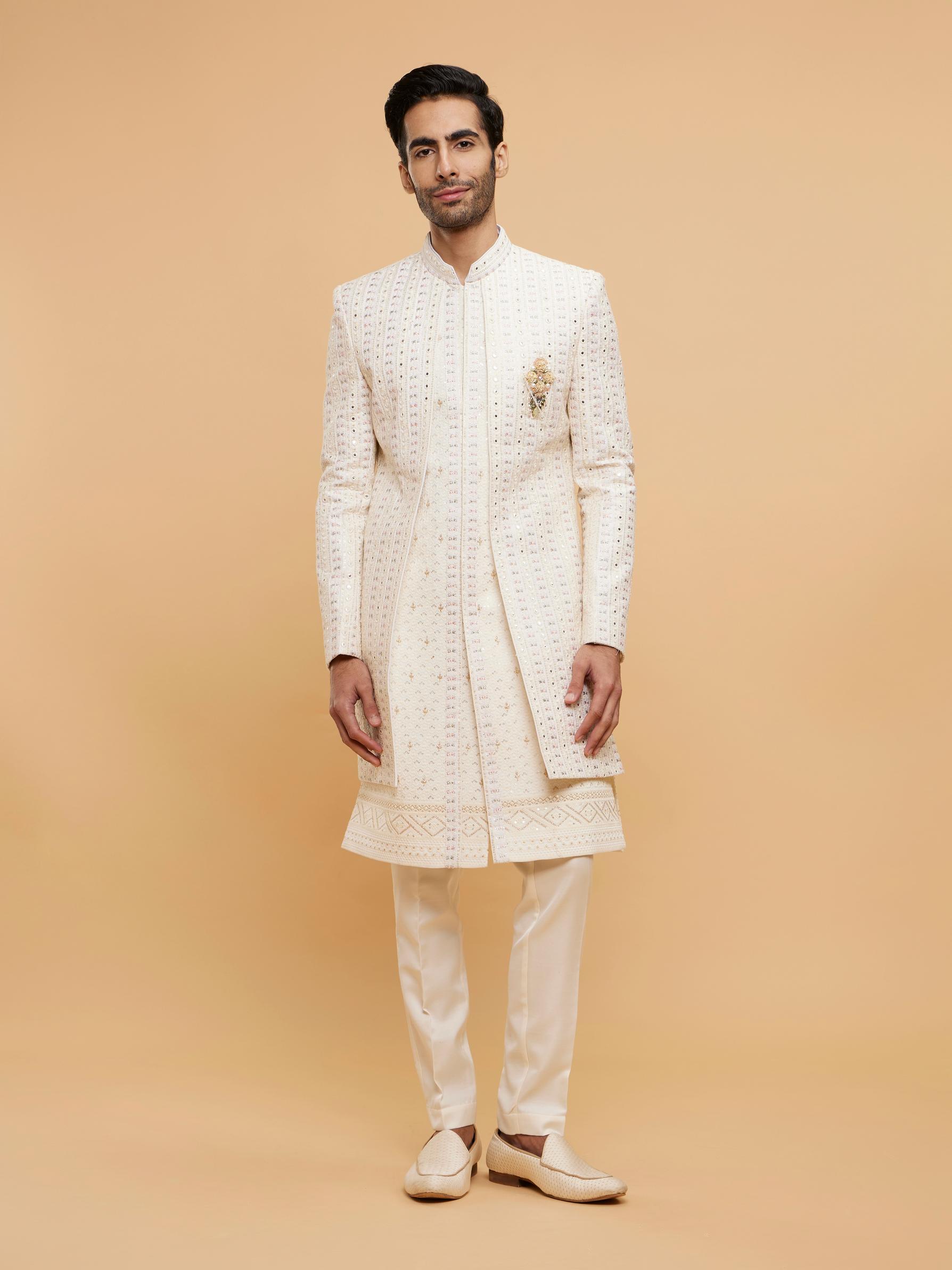 Twamev Men Cream Beige Mirror Embellished Sherwani Set