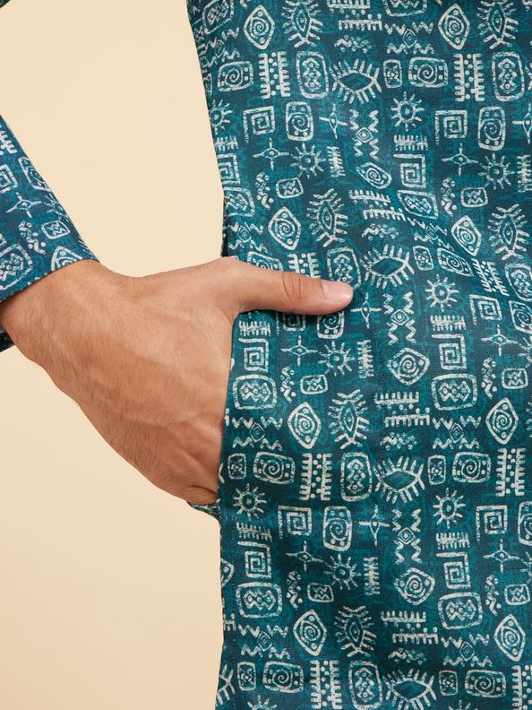 Diwas Men Teal Green Aztec Printed Kurta