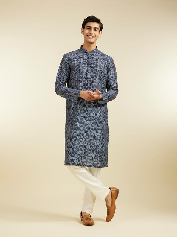 Diwas Men Oxford Blue Chevron Printed Kurta