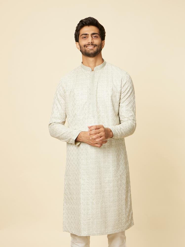 Twamev Men Pista Green Self Patterned Kurta set