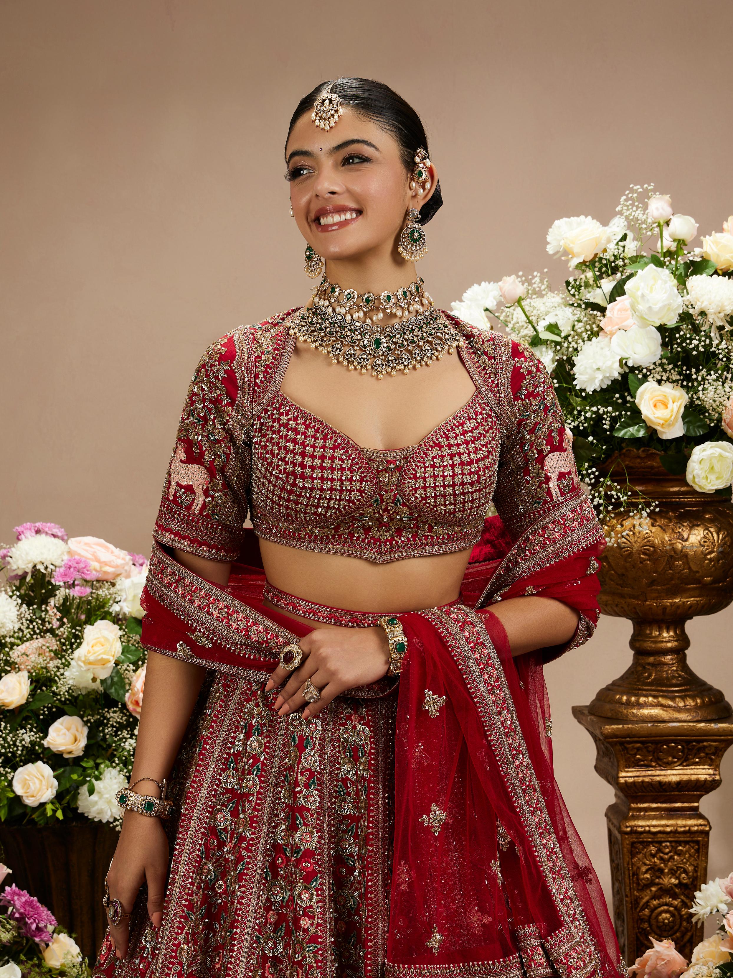 Twamev Women Scarlet Red Darbar Patterned Lehenga with Scallop Motifs, Floral And Bagh Embroidery