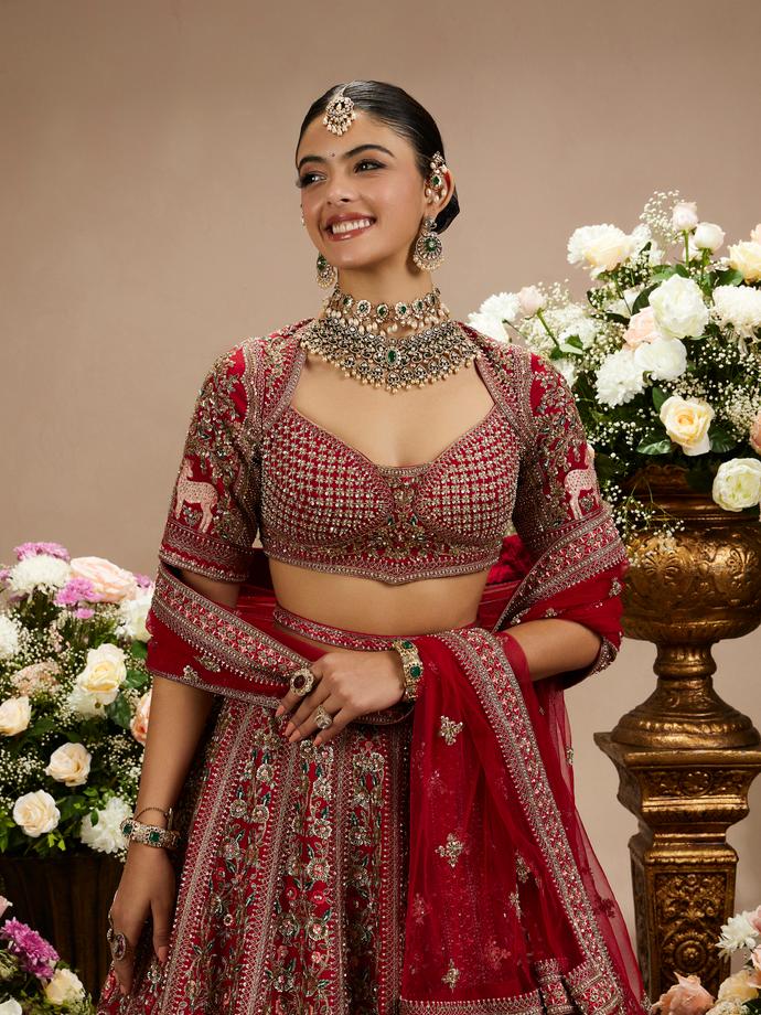 Twamev Women Scarlet Red Darbar Patterned Lehenga with Scallop Motifs, Floral And Bagh Embroidery