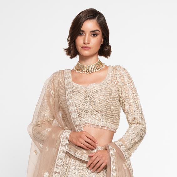 Twamev Women Beige Regalia Net Skirt Top Set