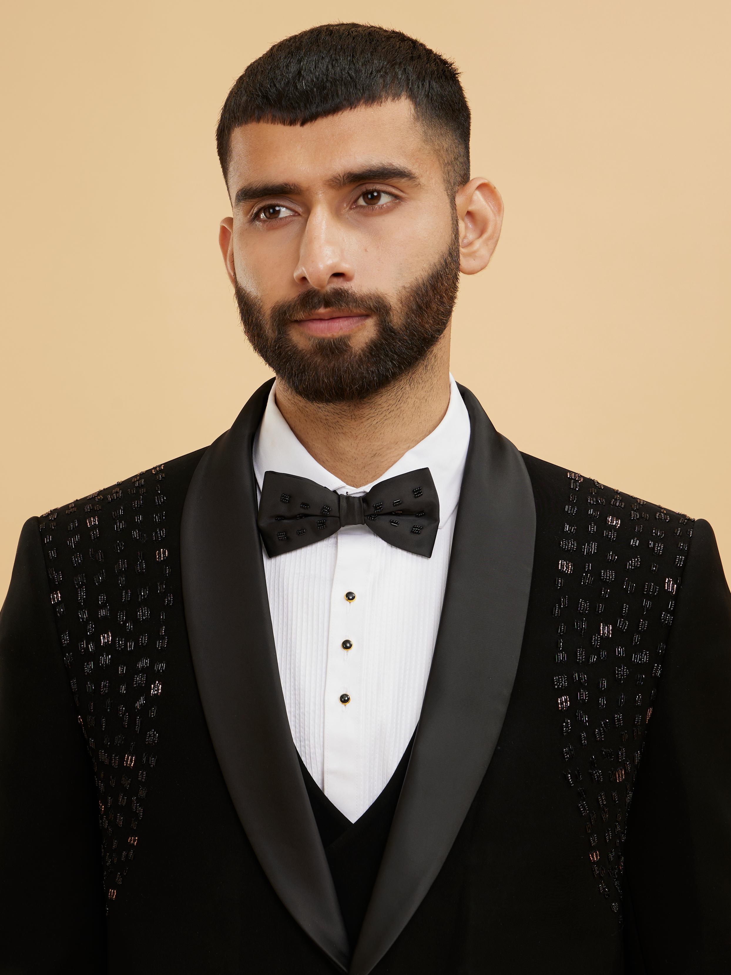 Twamev Men Midnight Black Embellished Shawl Collared Tuxedo Suit Set