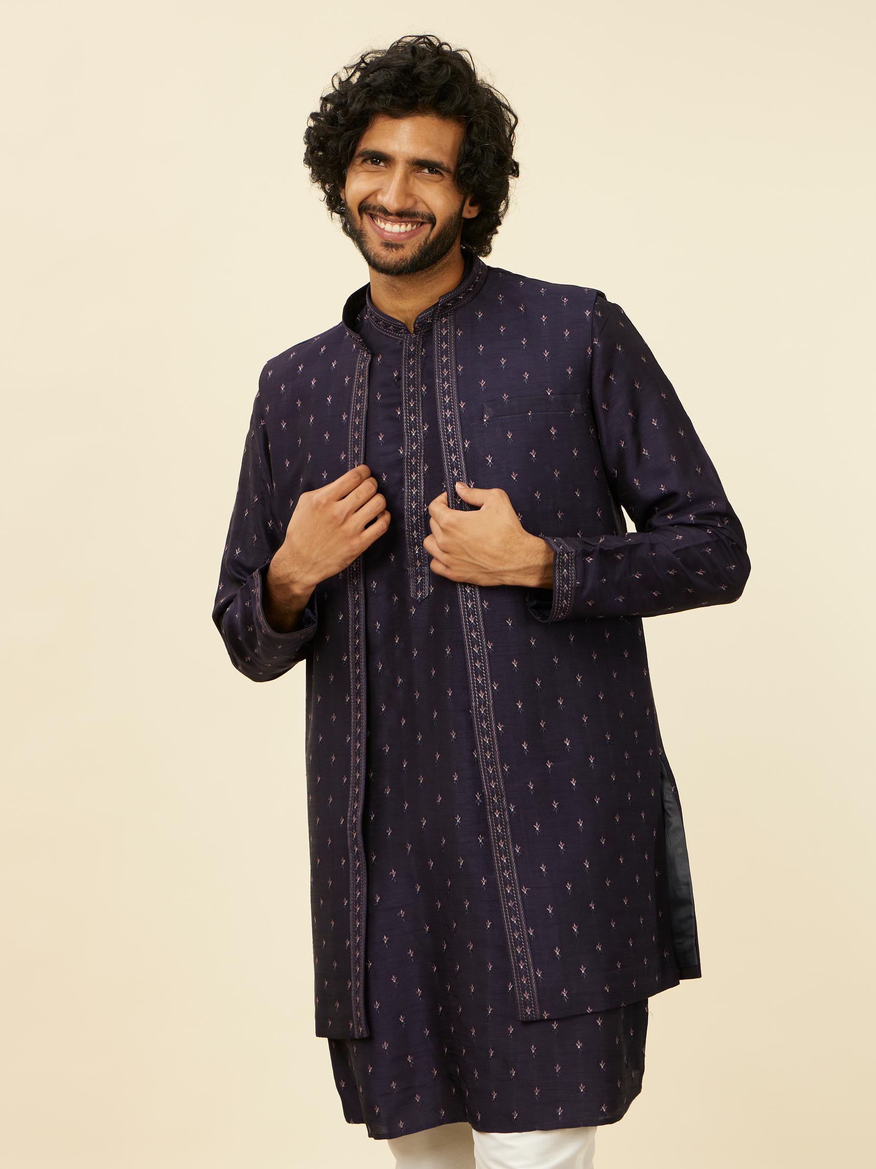 Twamev Men Dark Blue Buta Patterned Kurta Jacket Set