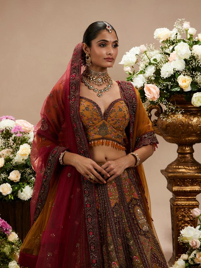 Twamev Women Buttercup Yellow Zari Embroidered Lehenga with Darbar Motifs And Floral Butas
