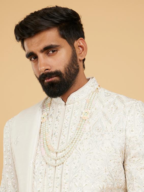Twamev Men Pristine Beige Pista Green Sherwani