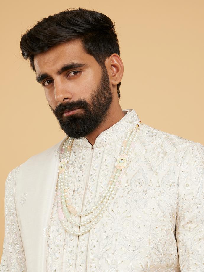 Twamev Men Pristine Beige Pista Green Sherwani