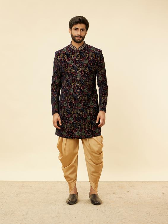 Twamev Men Royal Velvet Emblazoned Blue Indo Western