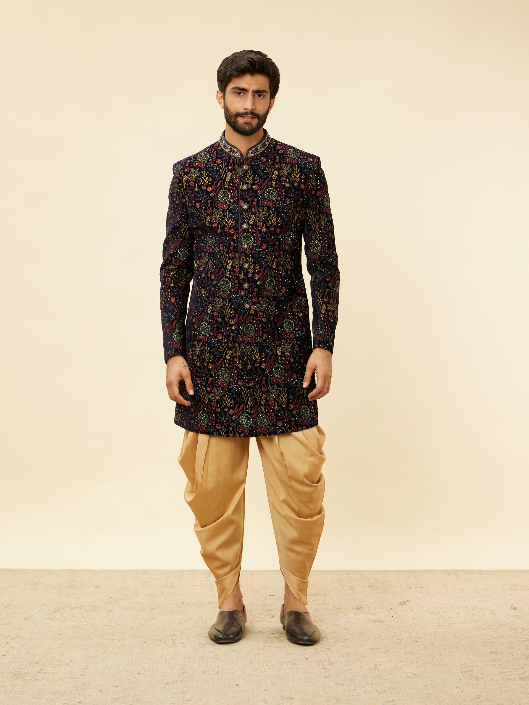 Twamev Men Royal Velvet Emblazoned Blue Indo Western