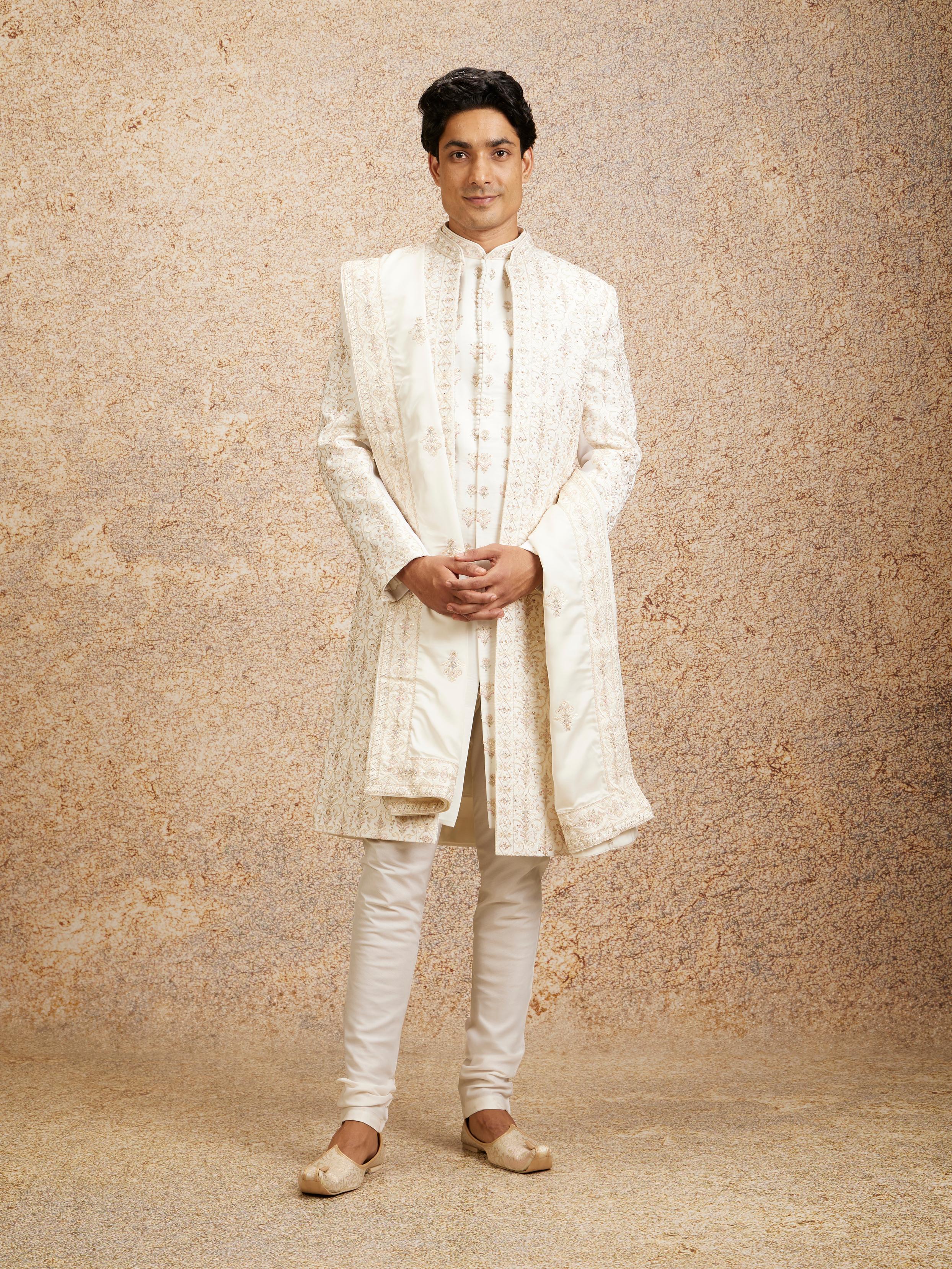 Twamev Men Warm White Satin Sherwani with Zari Embellishments