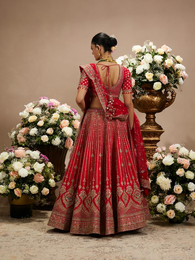 Twamev Women Rani Red Linear Patterned Lehenga with Floral Buta Motifs And Bel Buti Borders