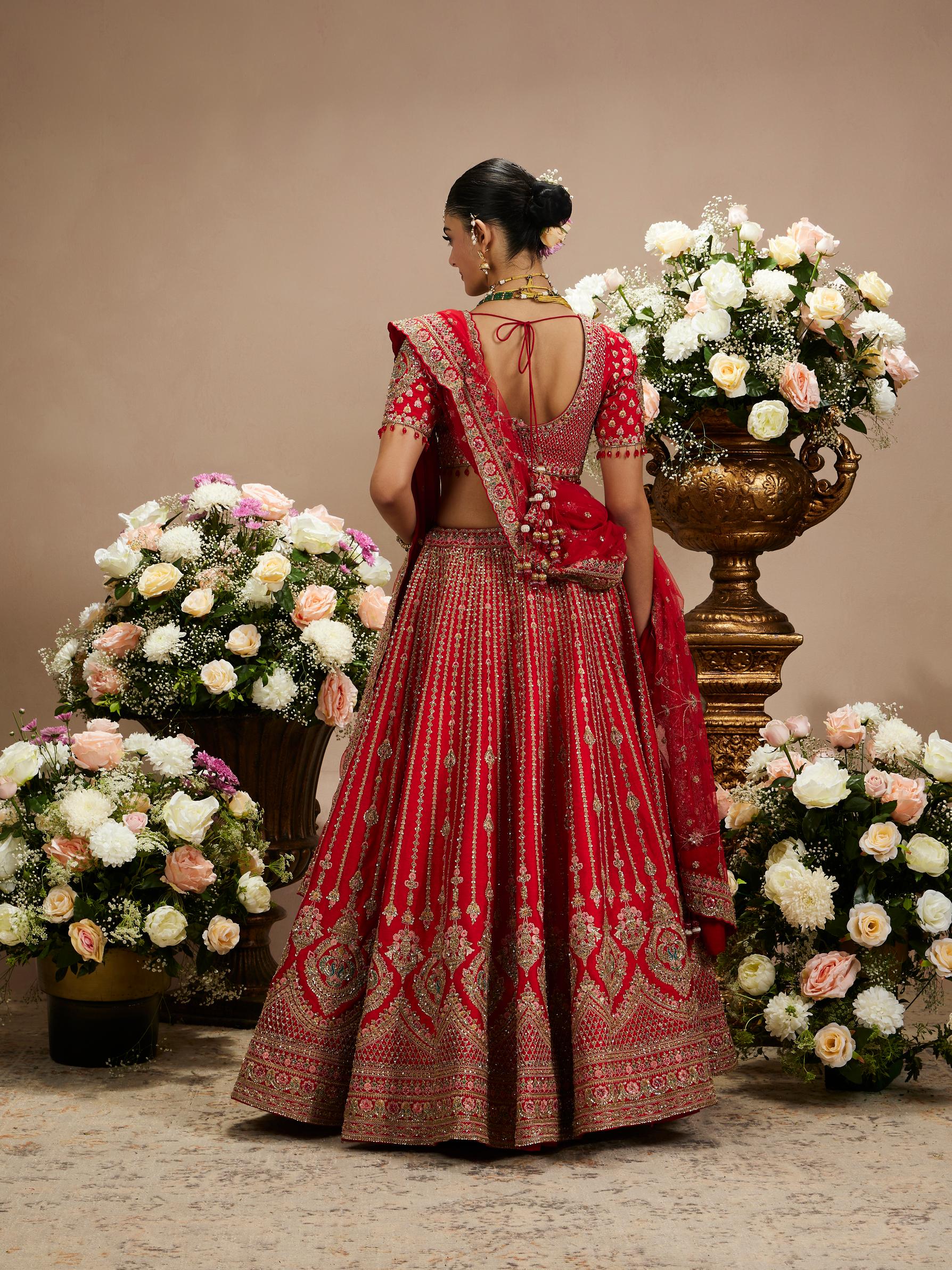 Twamev Women Rani Red Linear Patterned Lehenga with Floral Buta Motifs And Bel Buti Borders