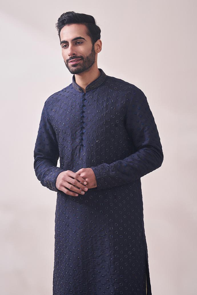 Twamev Men Navy Blue Self Design Kurta Set