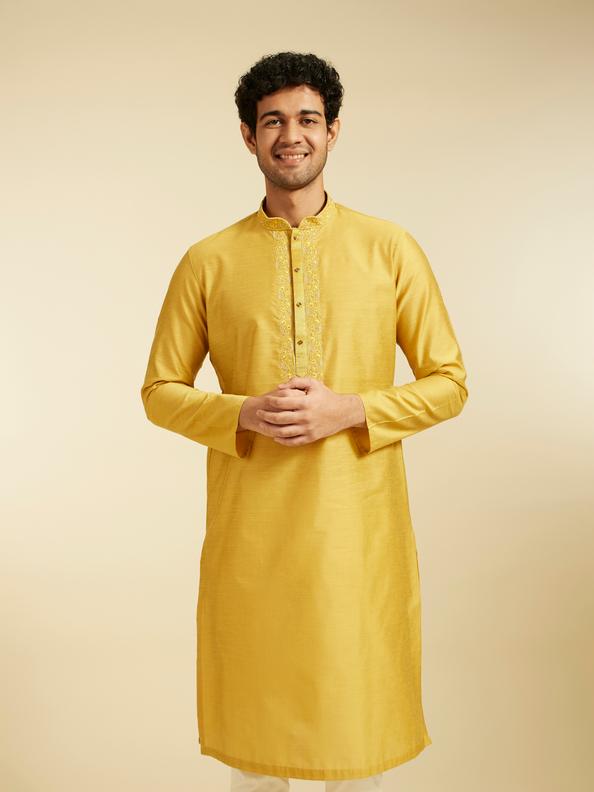 Diwas Men Mustard Yellow Plain Classic Kurta with Embroidered Neckline