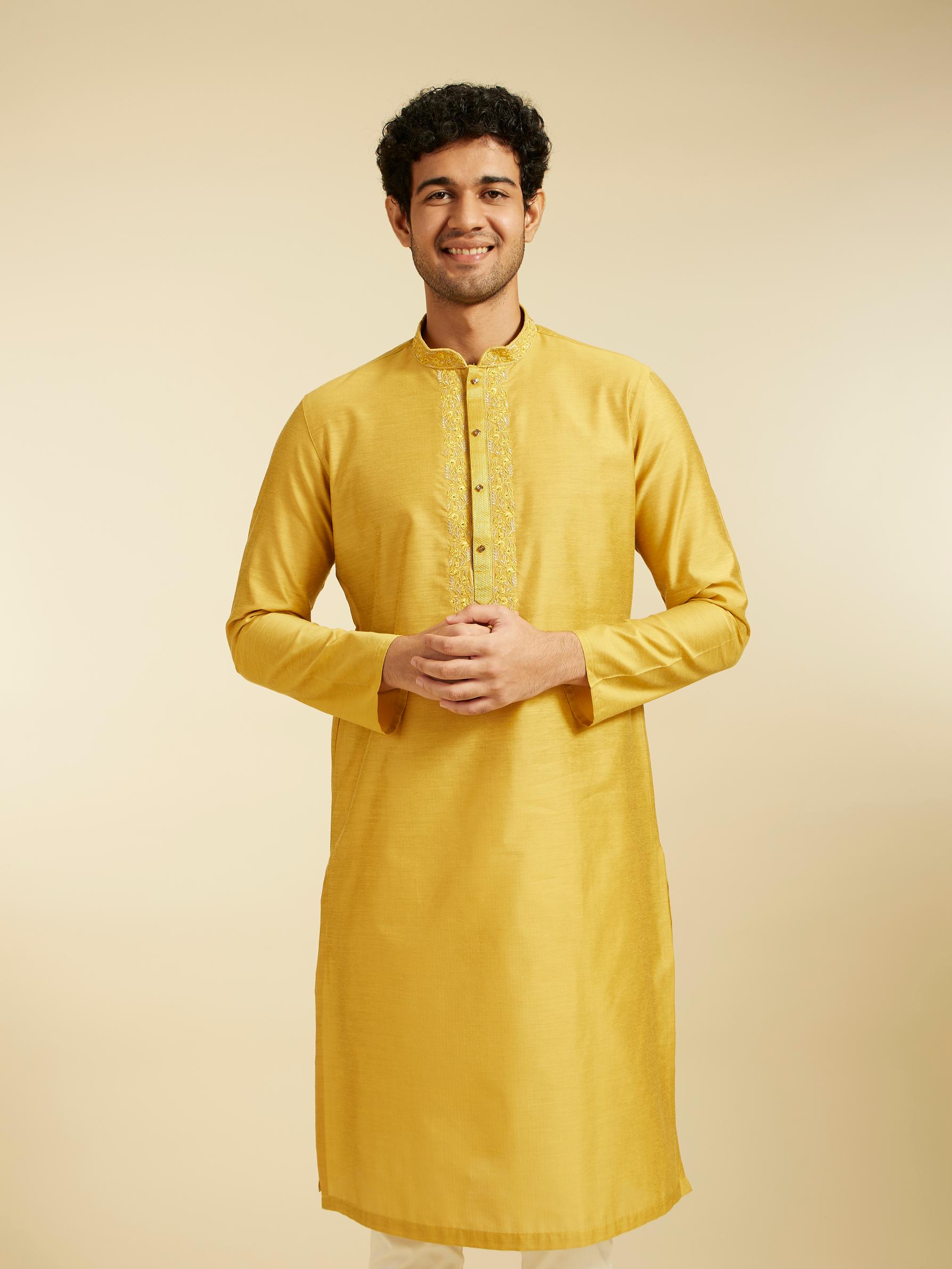 Diwas Men Mustard Yellow Plain Classic Kurta with Embroidered Neckline