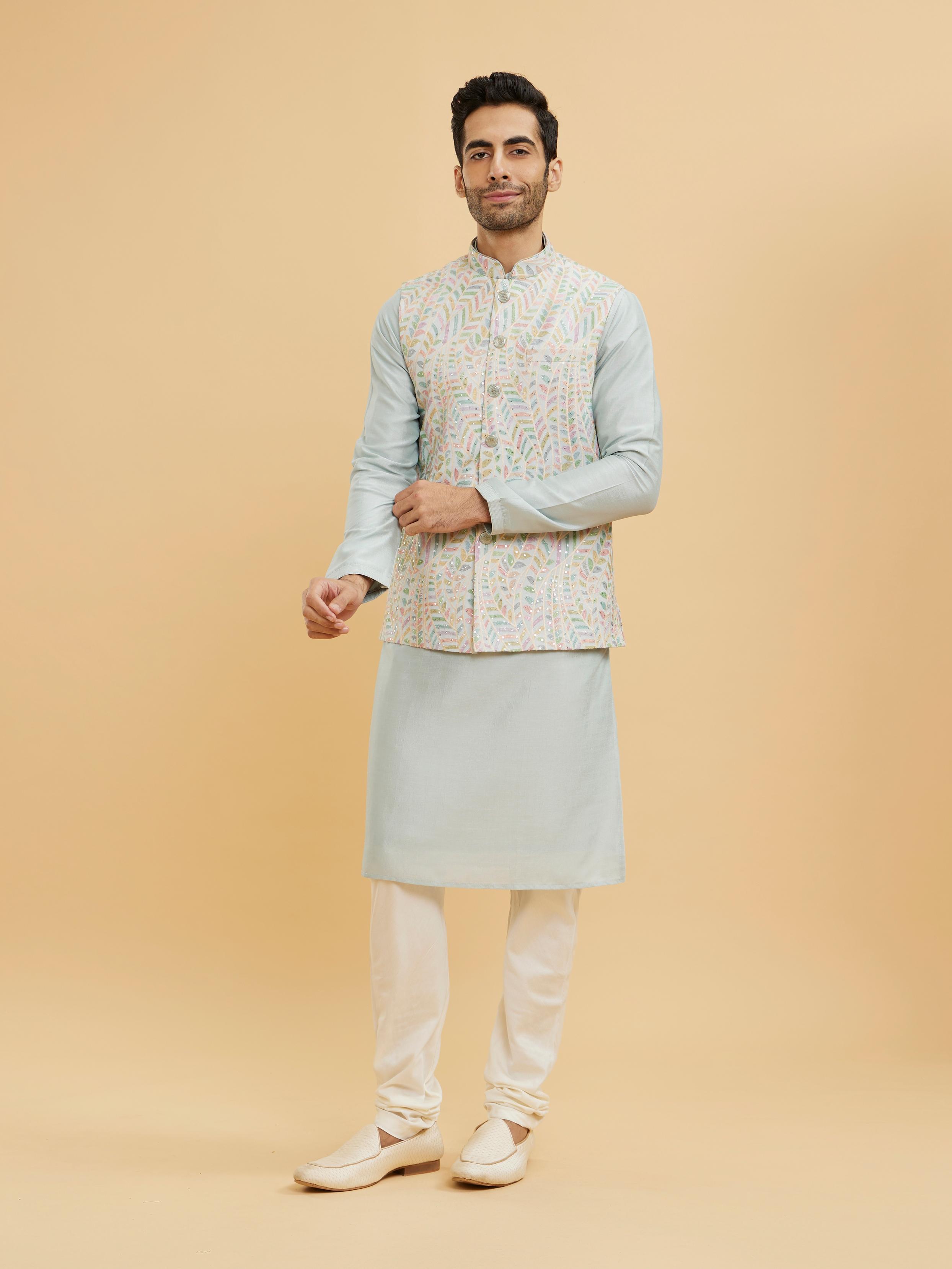 Twamev Men Ash Grey Leaf Patterned Jacket Set with Sequin Work