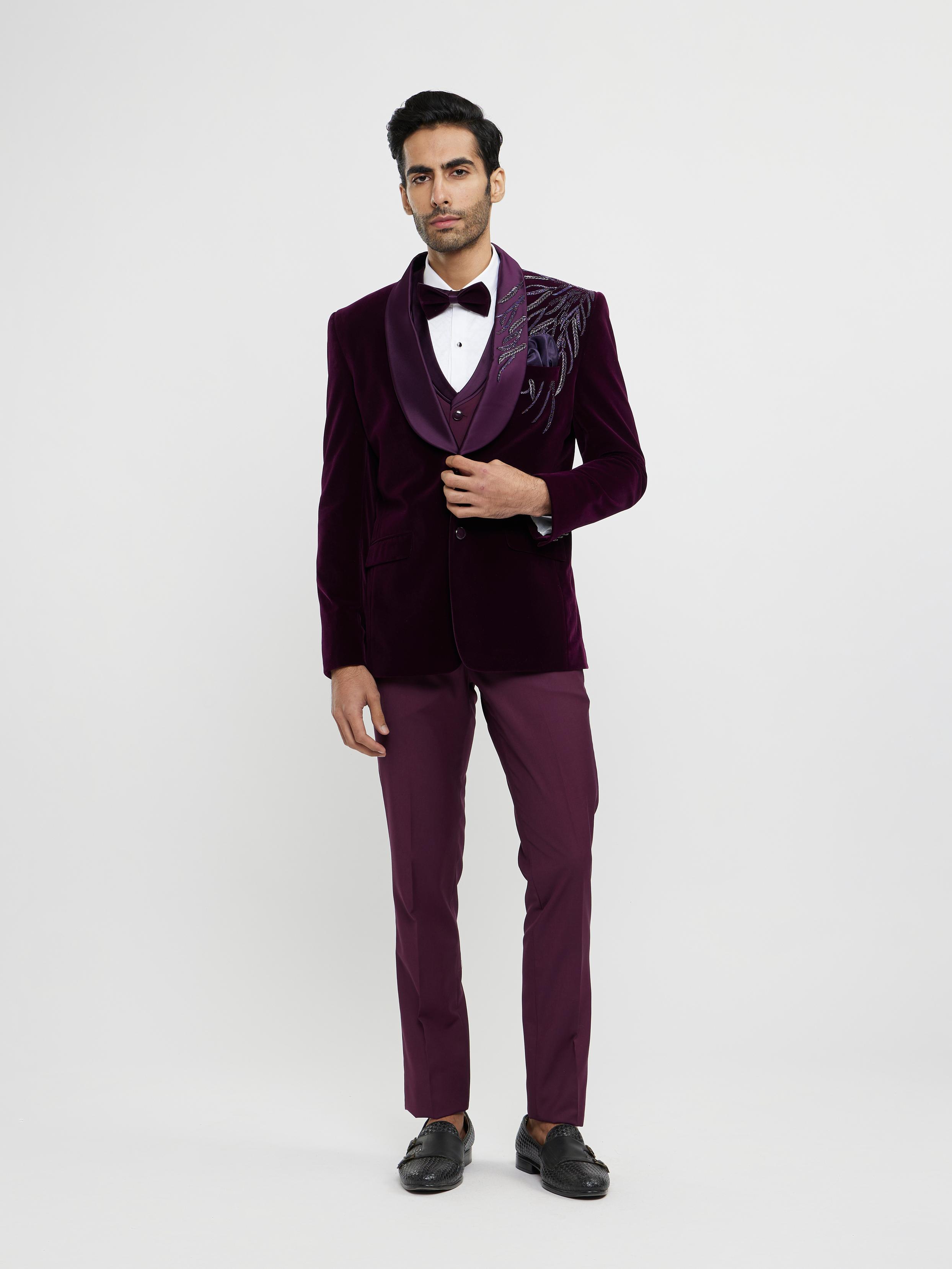 Twamev Men Regal Wine Velvet Suit Set