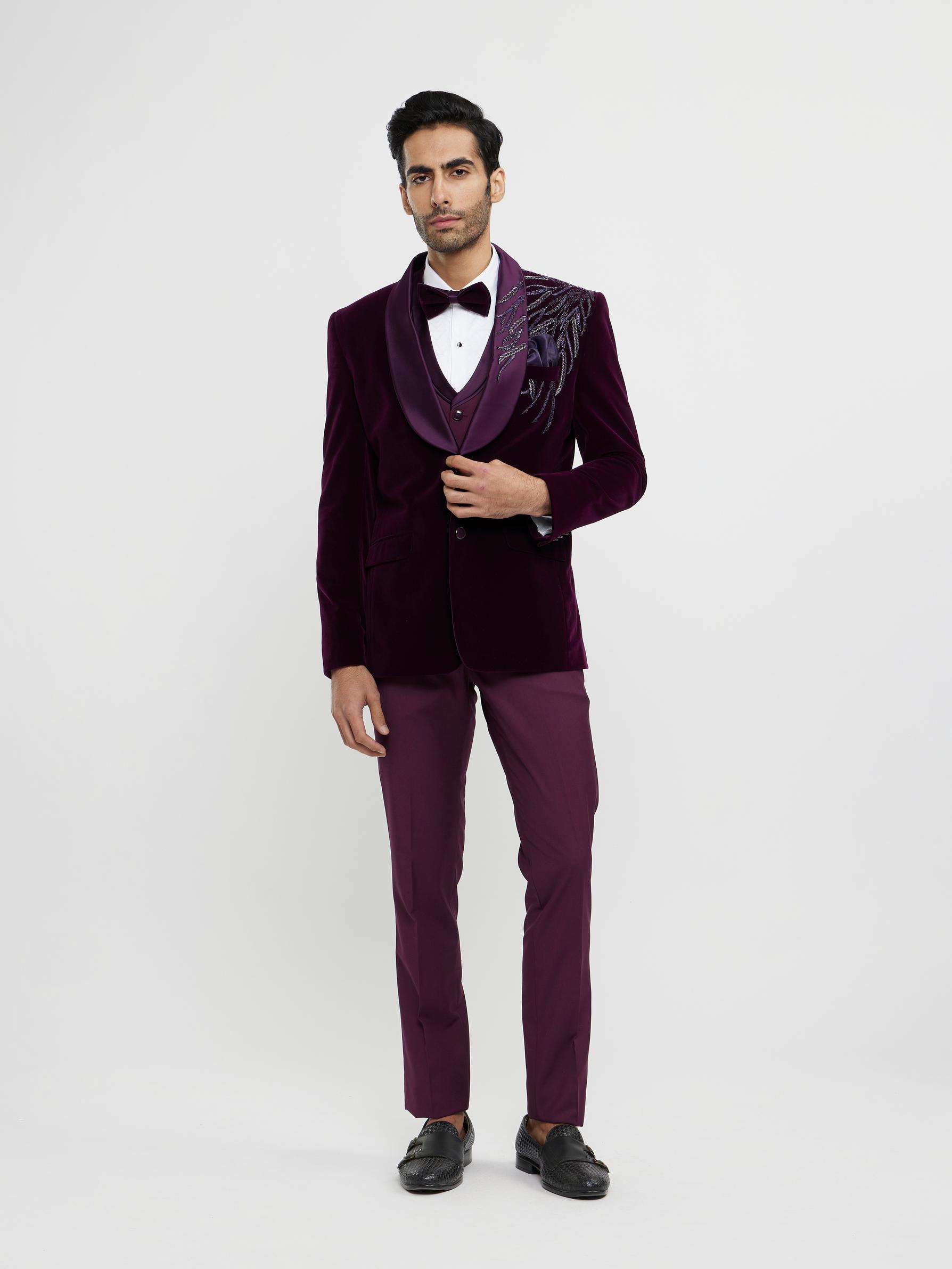 Twamev Men Regal Wine Velvet Suit Set