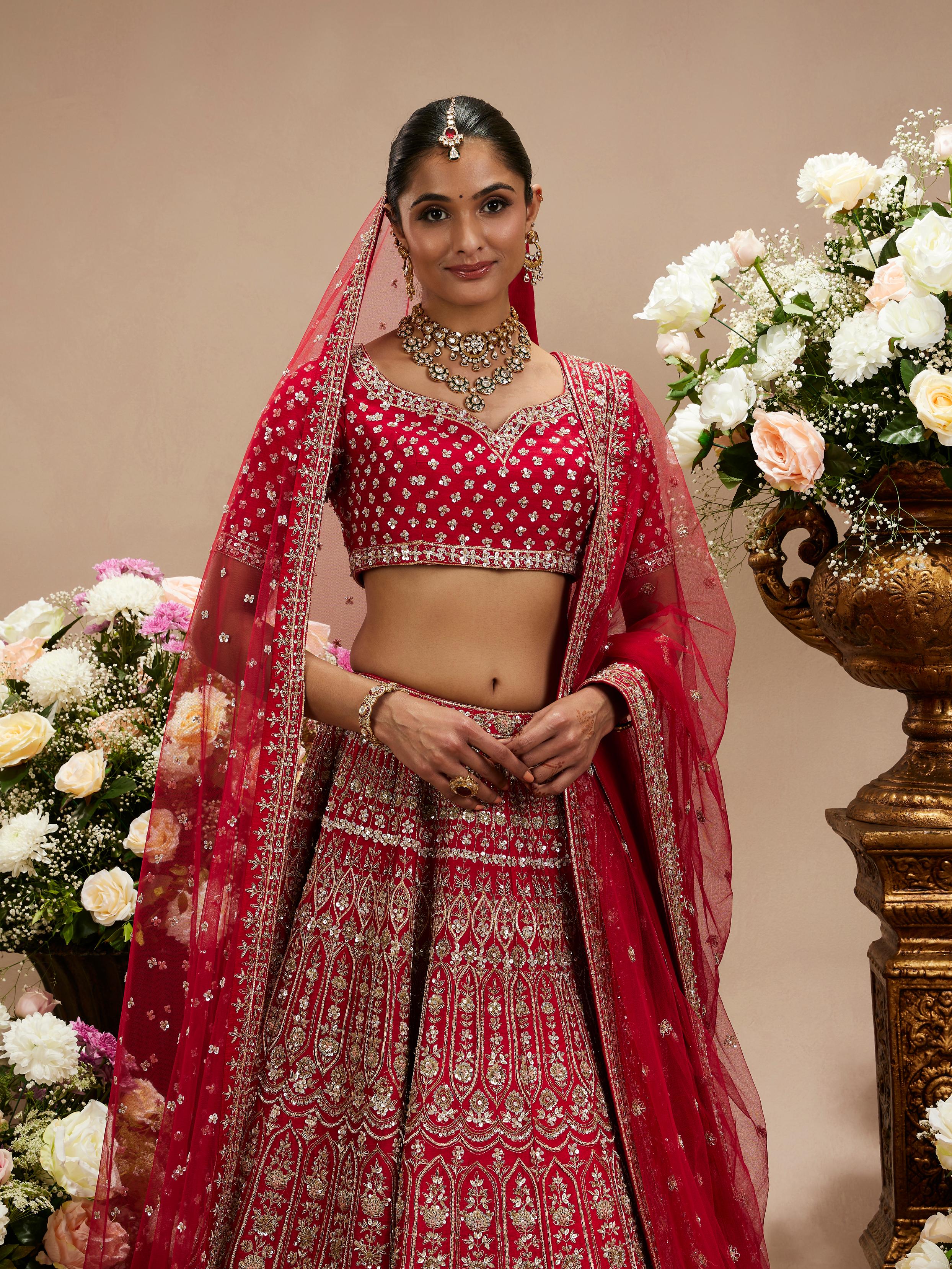Twamev Women Scarlet Red Jaal Patterned Lehenga with Floral Motifs, Scalloped And Bel Buti Borders