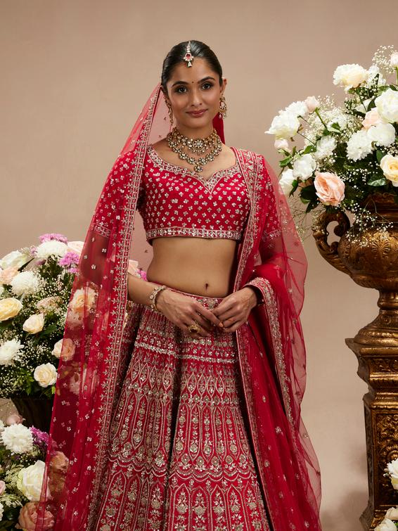 Twamev Women Scarlet Red Jaal Patterned Lehenga with Floral Motifs, Scalloped And Bel Buti Borders