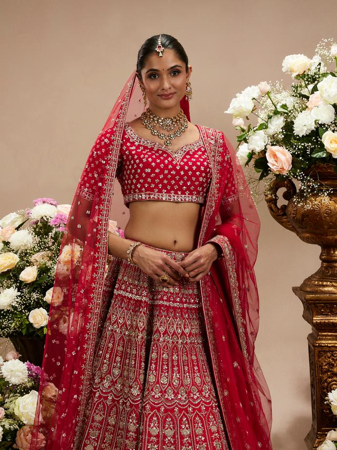 Twamev Women Scarlet Red Jaal Patterned Lehenga with Floral Motifs, Scalloped And Bel Buti Borders