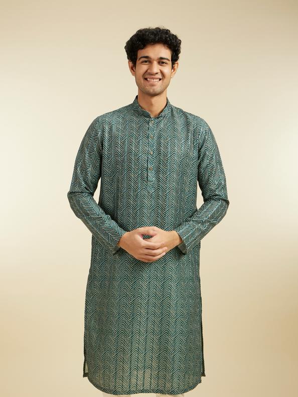 Diwas Men Bottle Green Chevron Printed Kurta