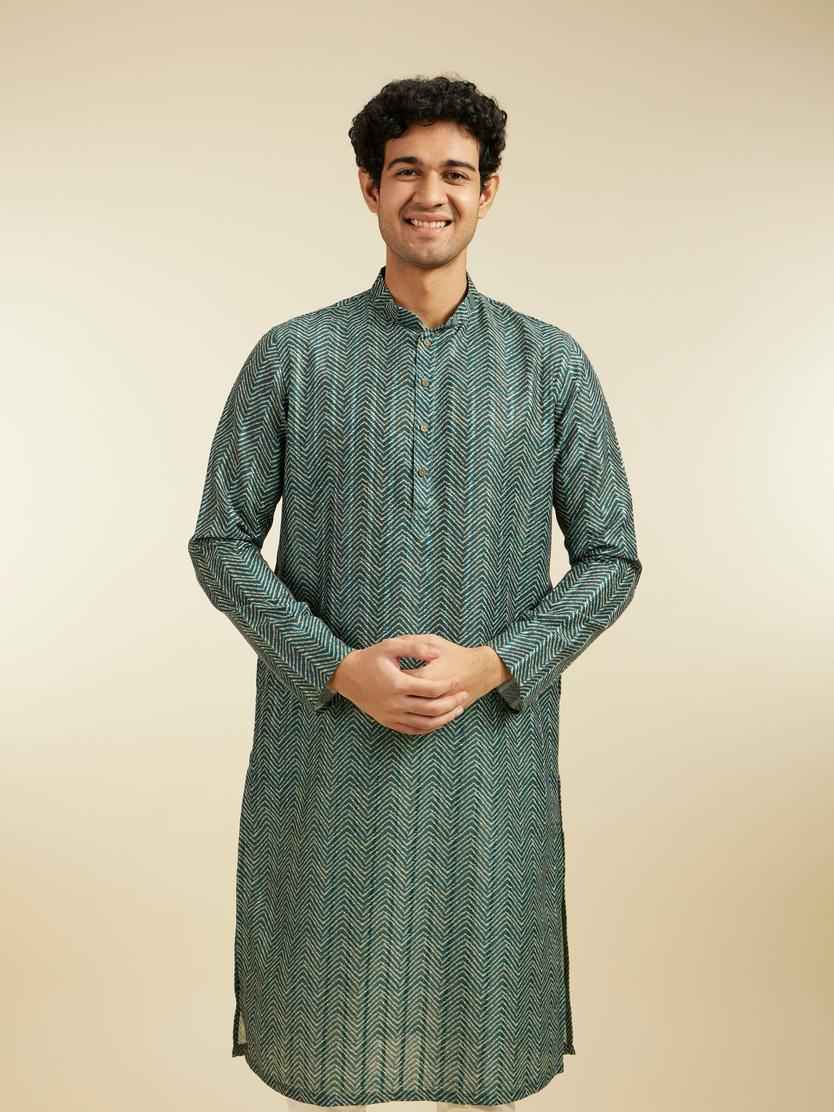 Diwas Men Bottle Green Chevron Printed Kurta