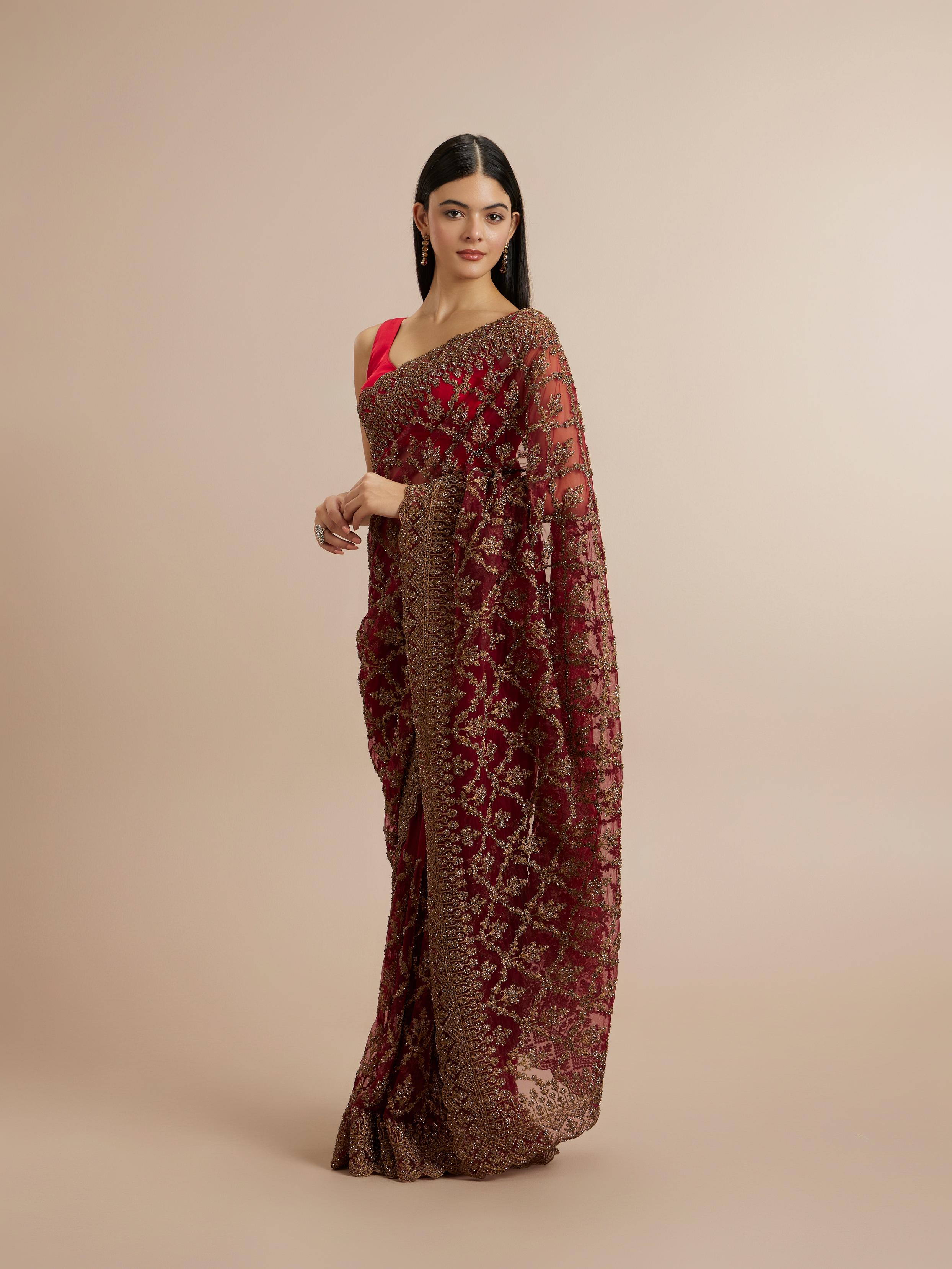 Twamev Women Enchanting Rust Red Net Saree