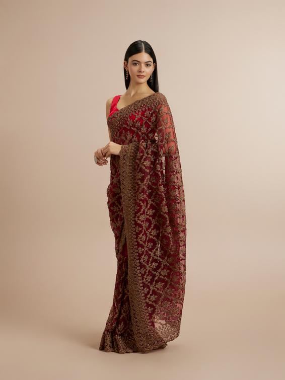 Twamev Women Enchanting Rust Red Net Saree